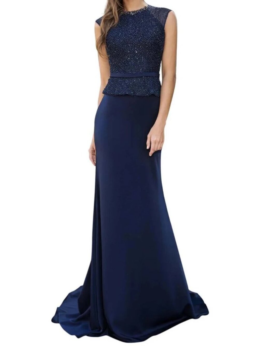 Marsoni by Colors Navy Blue Beaded Cap Sleeve Peplum Sheath Dress